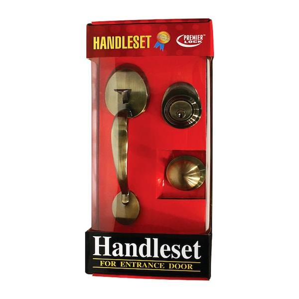 Premier Lock Antique Brass Single Cylinder Door Handleset with Keyed Deadbolt Lock, Inside Knob and 3 KW1 Keys HSL-AN - main